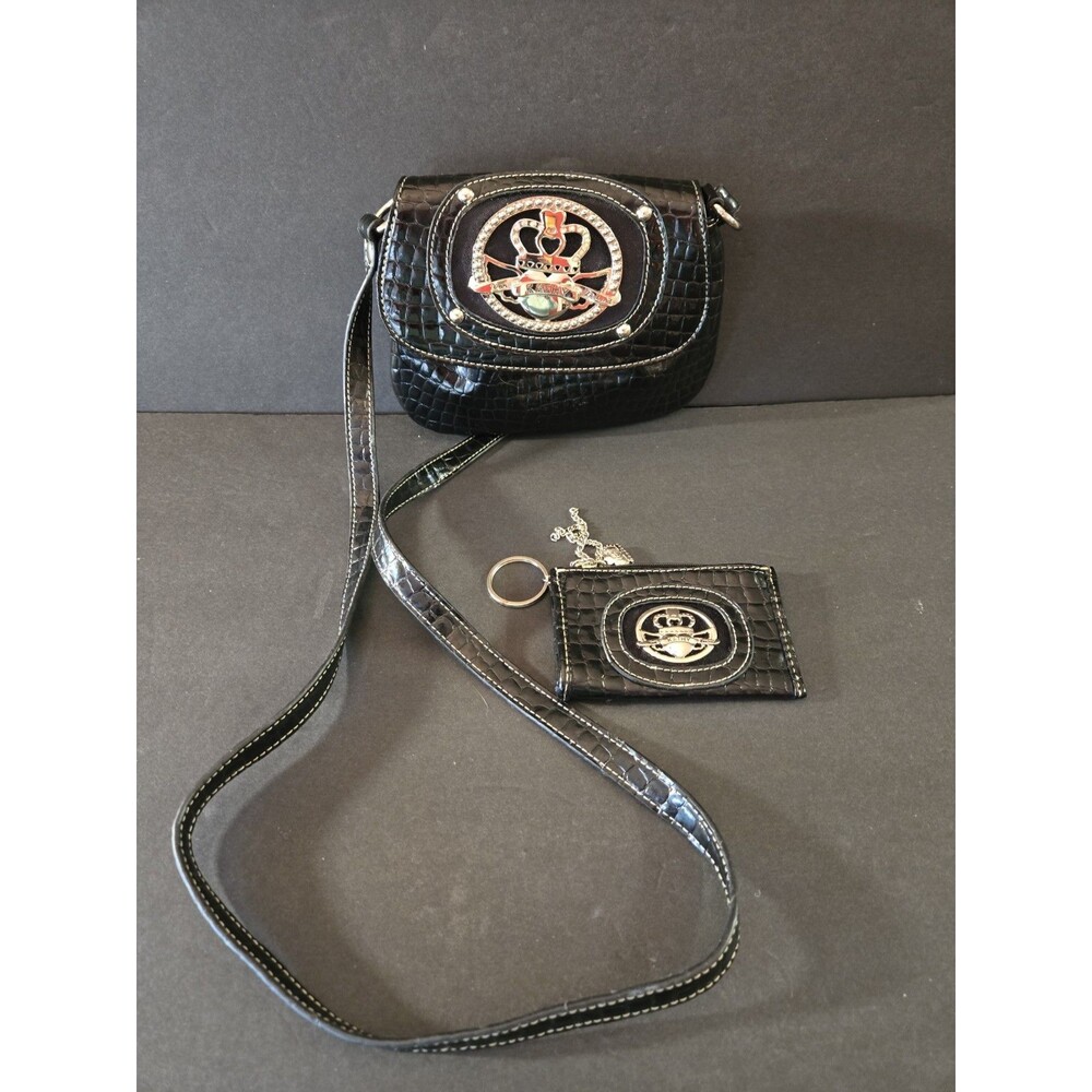 Vintage Kathy Van Zeeland Crossbody Purse & Change Wallet Black Shiny Vinyl Y2K